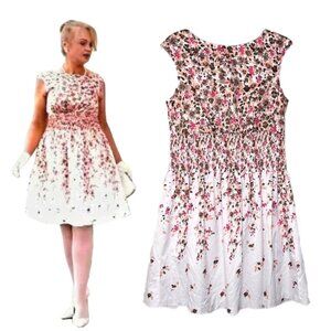 🆕 Jessica Howard Vintage Floral Pleated Waist Open Back Fit 'n Flare Dress 14